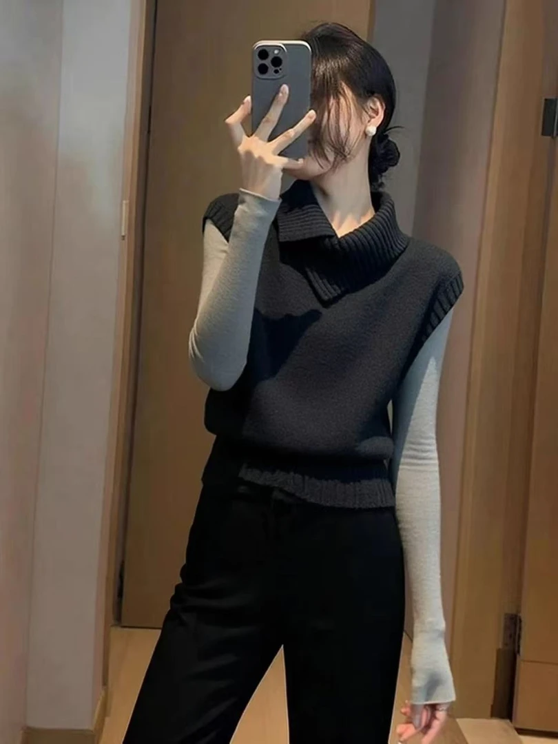 SS5641秋冬时髦纯色无袖马甲上衣高级叠穿马夹亲肤背心打底两件套
