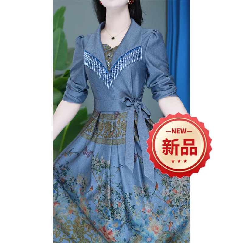 显瘦气质长袖复古收腰时尚洋气中长款连衣裙