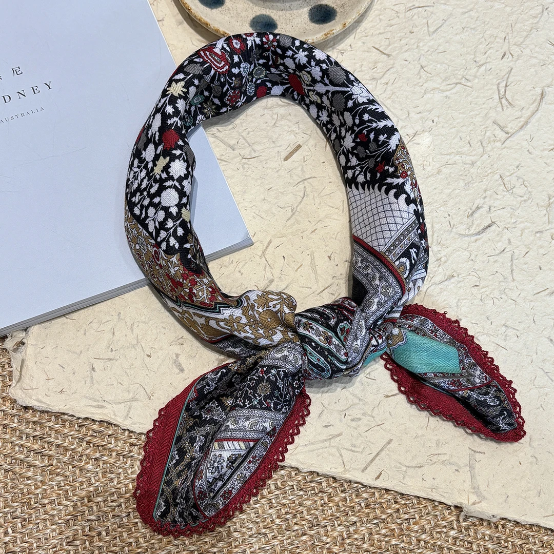 【68*68】春秋季薄款方巾百搭装饰丝巾双面花边系脖中方巾25W017-7