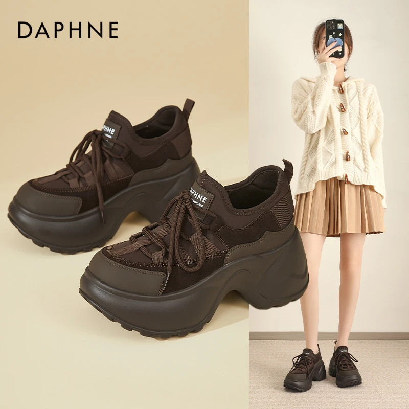 Daphne/达芙妮黑色松糕厚底鞋女老爹鞋百搭时尚休闲运动鞋ins潮