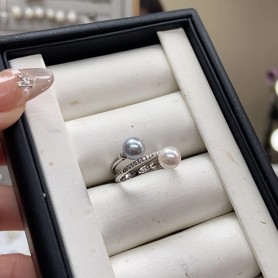 海水珍珠戒指银S925镶嵌akoya真多麻双珠戒指