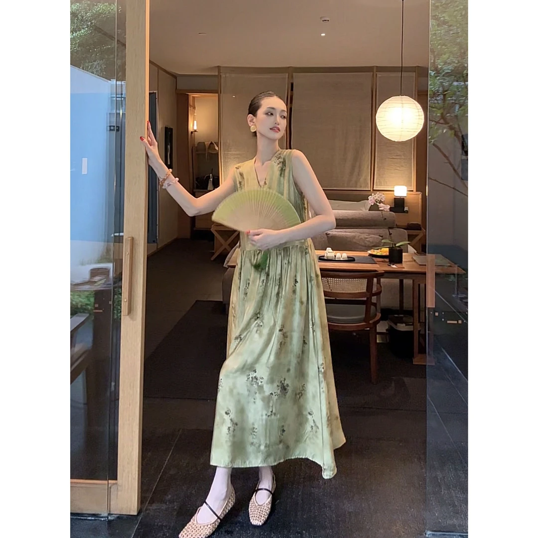 紫紫   墨雨云烟    浅中式炒色水墨印花连衣裙ZD07LZYL564