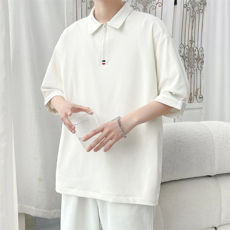 冰丝速干polo领短袖t恤男夏季美式复古半拉链7七分袖宽松半袖上衣