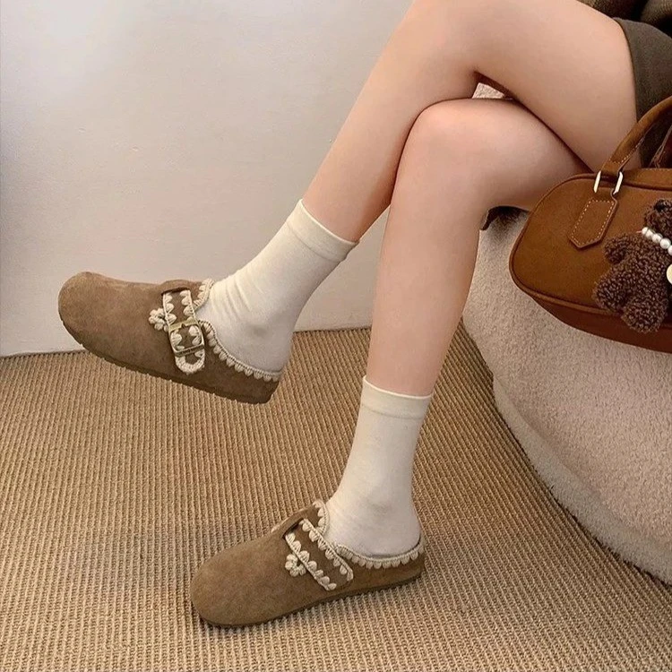 复古风刺绣公主风搭扣拼色包头拖松糕跟纯色修面皮