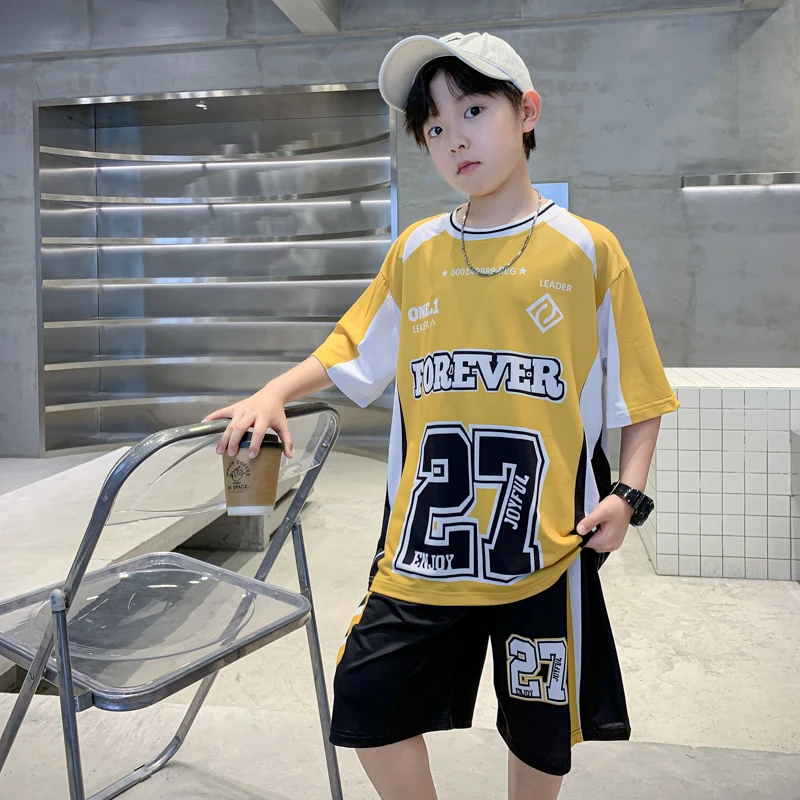 童装男童运动球服套装2025新款撞色拼接数字27速干两件套薄款夏装