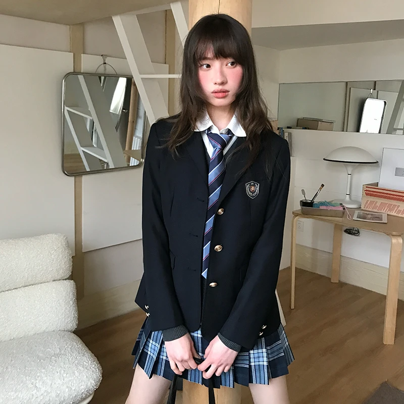 东京岁时记jk原创设计制服西装外套女蓝雾冰茶校供感蓝色格裙套装