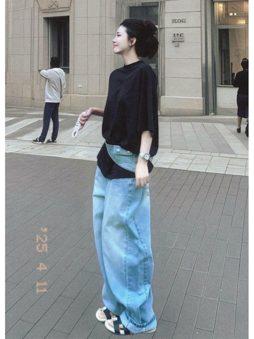 2025早秋穿搭一整套别致独特漂亮巨好看黑色短袖T-恤套装裤女