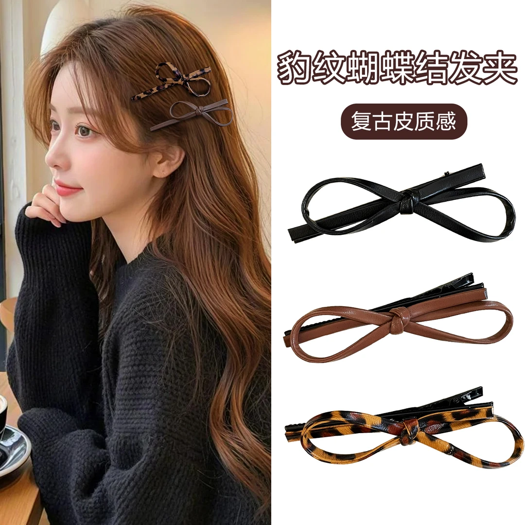 复古豹纹蝴蝶结发卡秋冬皮质鸭嘴夹2025新款前额碎发刘海一字发夹