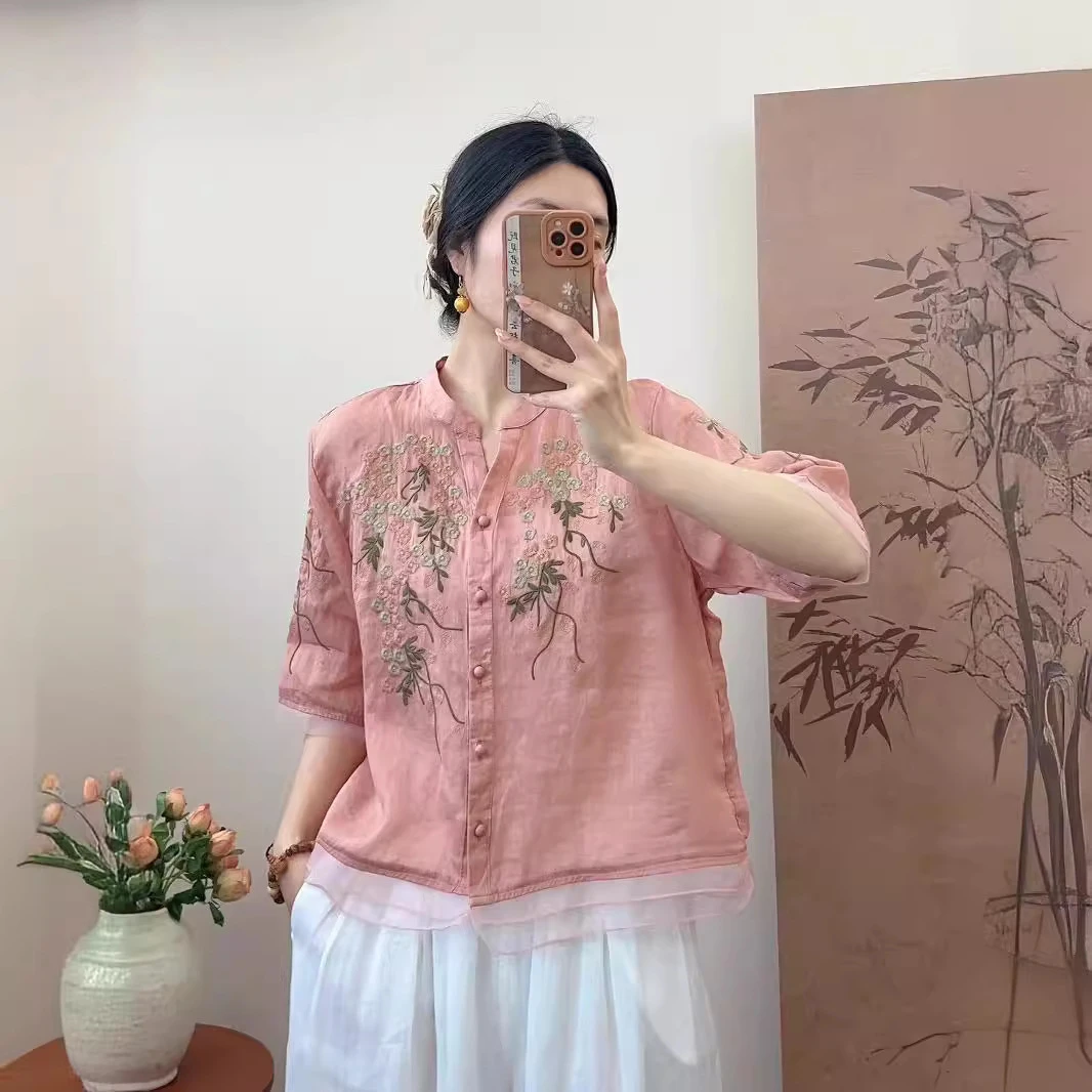 夏季新款复古100%纯苎麻衬衫女士文艺绣花气质小衫上衣时尚气质