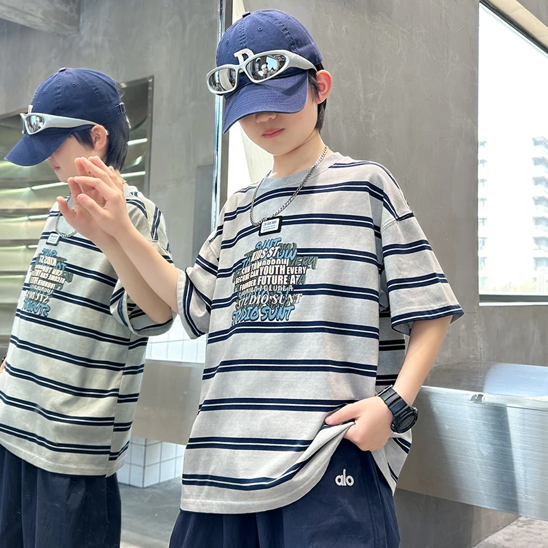 童装儿童夏季条纹短袖T恤中大童男童夏装韩版洋气帅气百搭衣服潮t