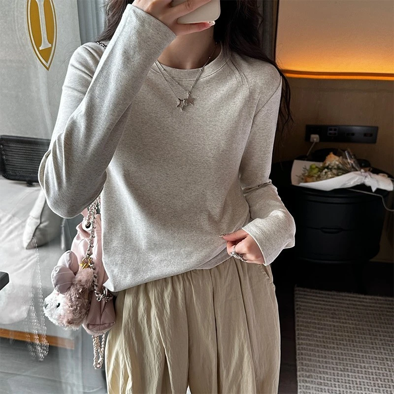 秋装！多色圆领经典款上衣显瘦长袖打底衫直角肩显瘦纯色百搭T恤女