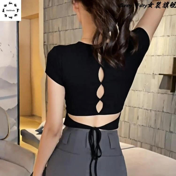 辣妹圆领性感露背镂空系带短袖T恤女2025夏季新款设计感显瘦上衣