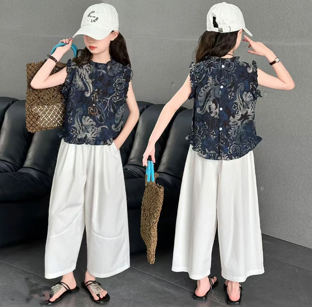 女童夏季套装新款2025中大童国风复古设计感无袖上衣休闲裤两件套