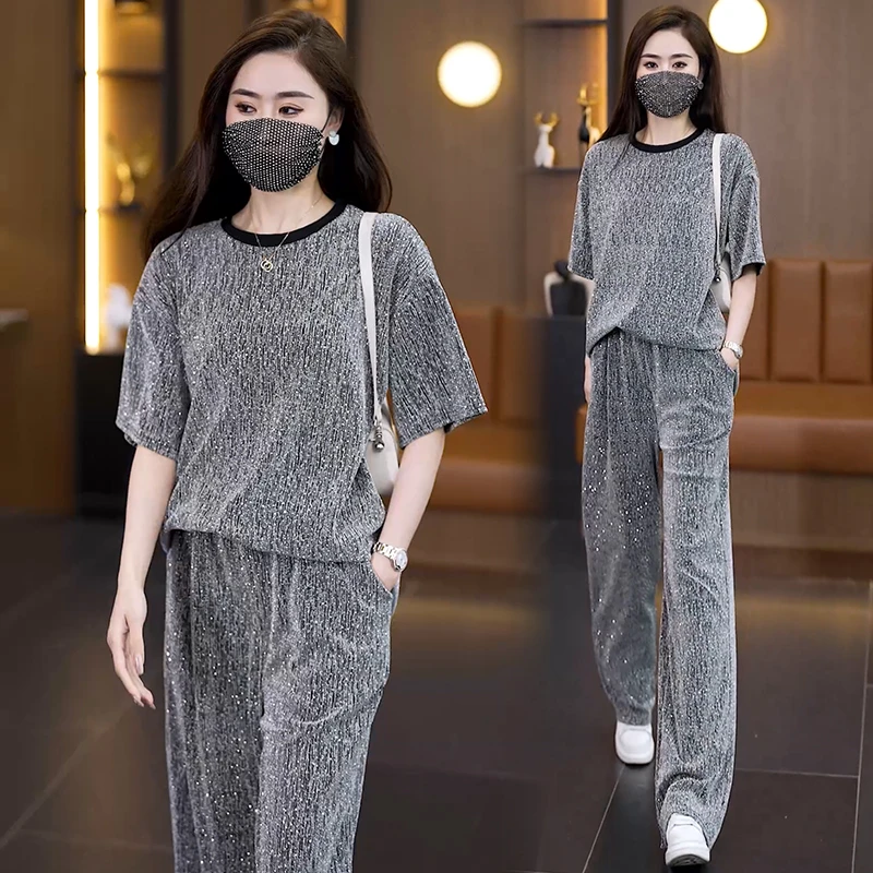 高端夏季新款宽松大码女装简约时尚衬衫套装胖妹妹减龄两件套潮流