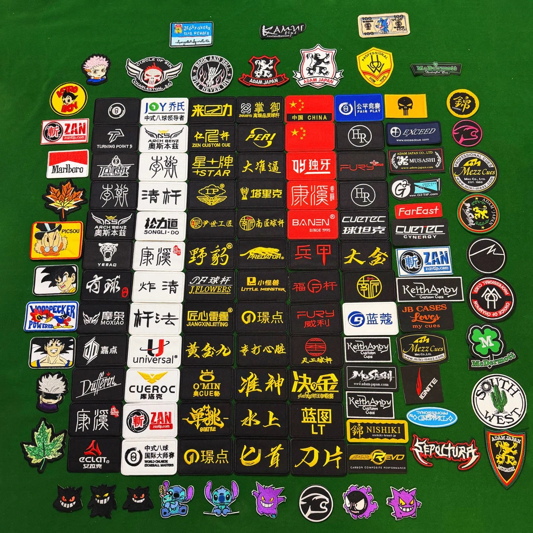 台球杆盒杆包贴刺绣布艺LOGO刺绣工艺贴纸杆包贴台球品牌黑八九球