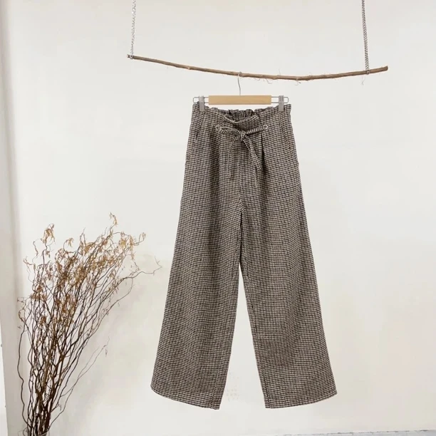 O224 咖色小格子毛呢休闲裤