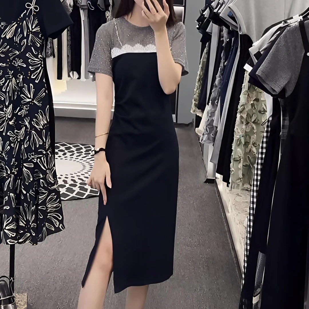2025夏新款轻奢带钻设计感时尚女拼接褶皱收腰洋气显瘦气质连衣裙