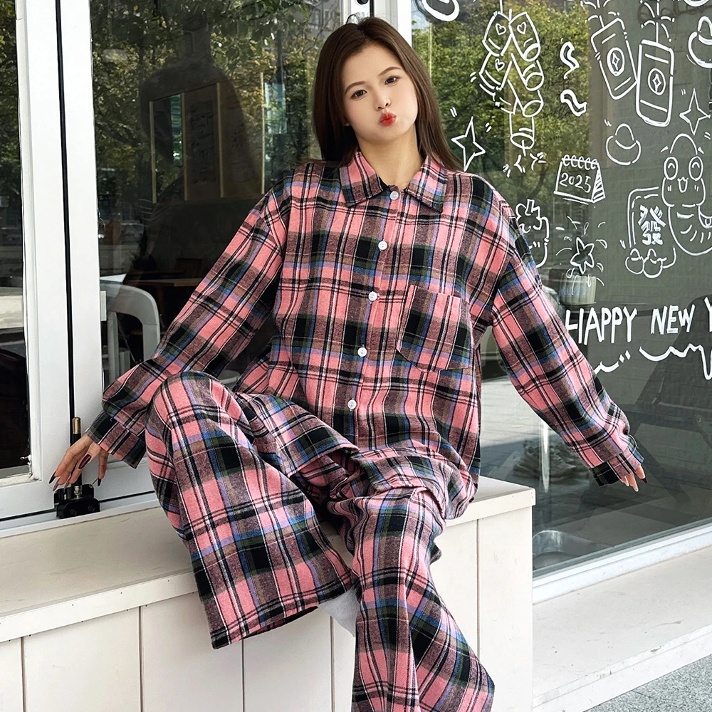 睡衣女春秋新款长袖宽松格子衬衫睡衣家居服套装休闲阔腿可外穿