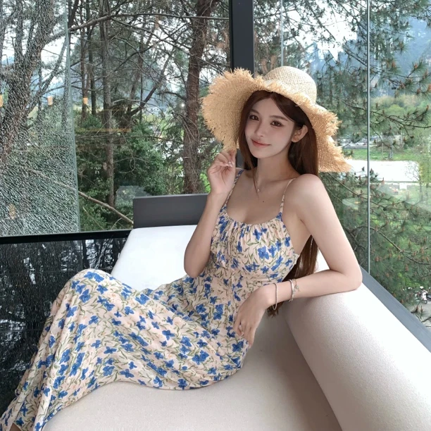 FAY【蓝色妖姬】蓝色碎花抽绳小性感包臀出行中长款吊带连衣裙