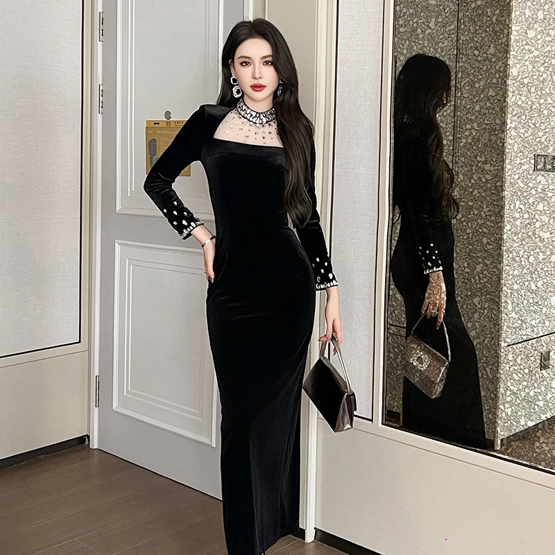 主持人宴会晚礼服2025春装新款名媛气质重工镶钻丝绒连衣裙9762