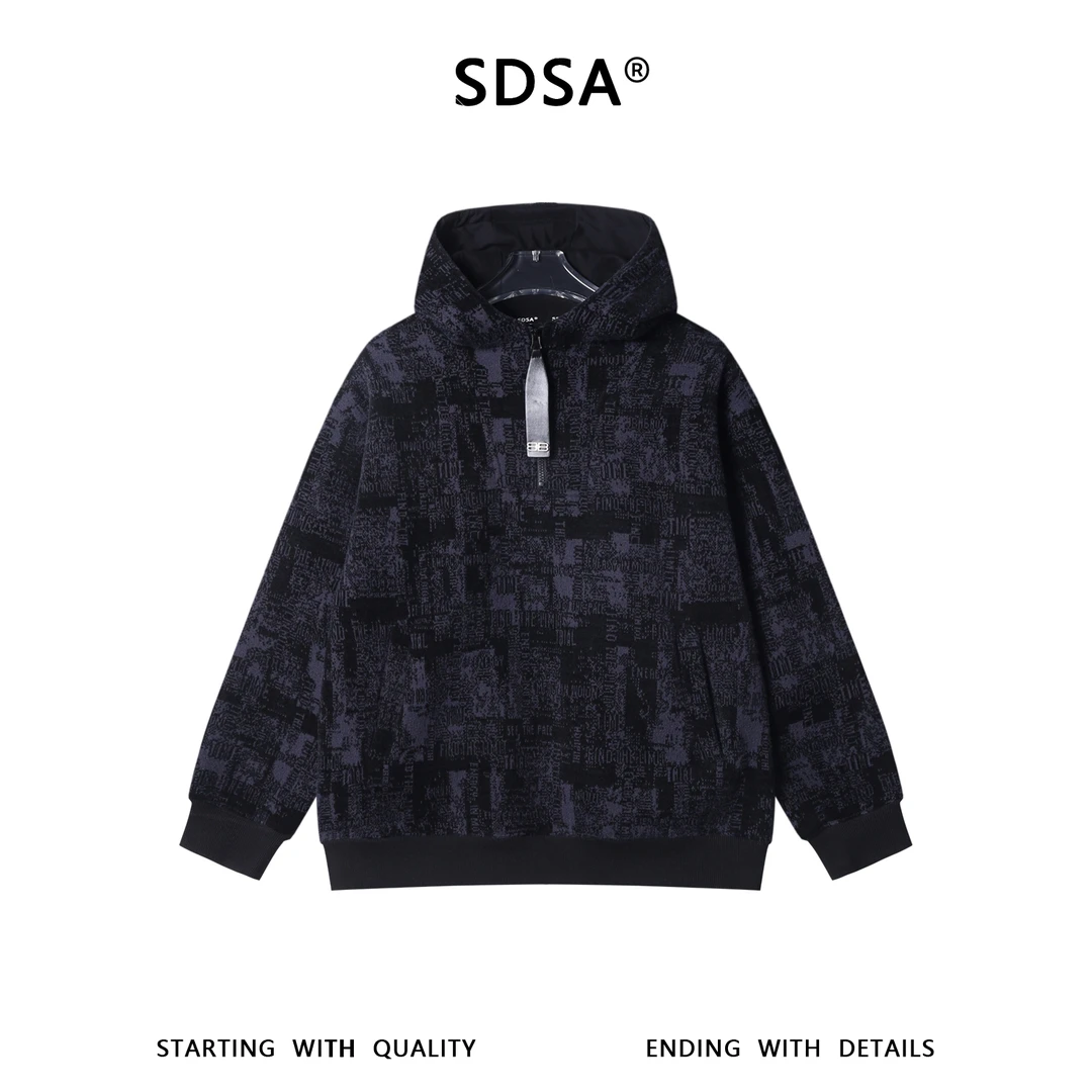 SDSA秋冬新款痞帅男装潮牌时尚撞色字母半拉链立领连帽卫衣简约潮