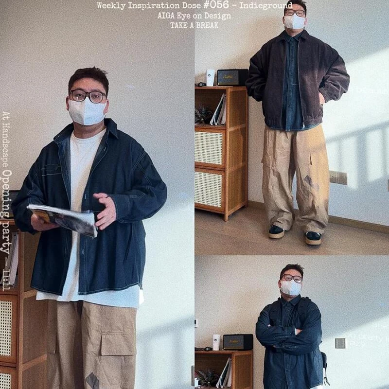 陈达浪不太胖大码男装春季新款条纹外套牛仔衬衫工装裤搭配套装