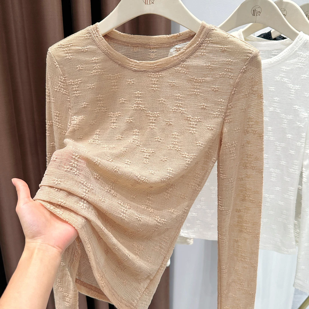 咖色小众圆领修身蕾丝小衫女秋冬新款软糯内搭上衣镂空长袖打底衫