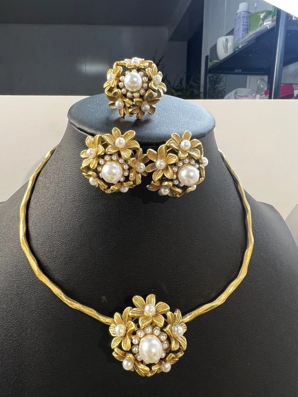 铜合金项链 铜合金项链中古vintage复古项圈项链耳环戒指套装气质