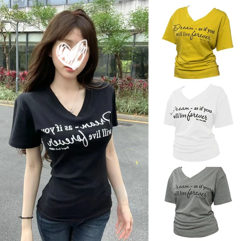 辣妹字母短袖V领T恤女2025新款显瘦遮肉夏季百搭韩版上衣3951