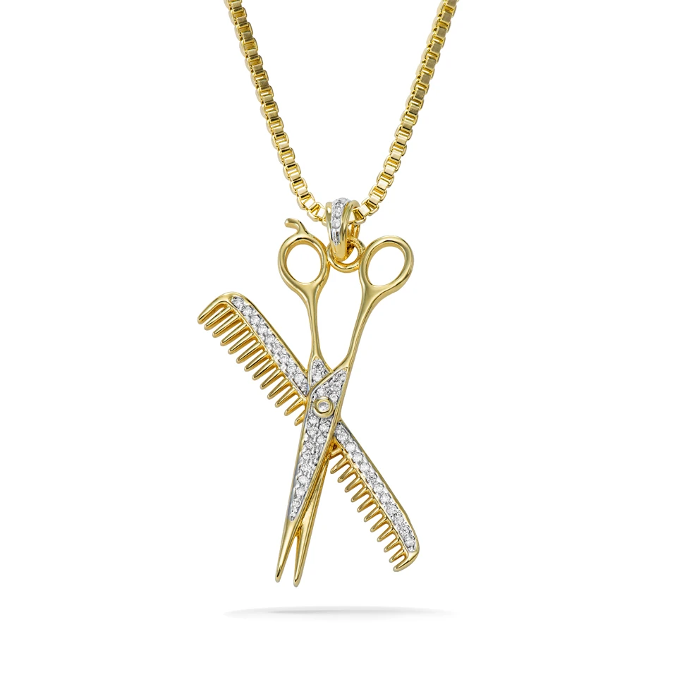 铜锆石吊坠 时尚梳子剪刀项链吊坠男女款金色满钻潮流个性坠链