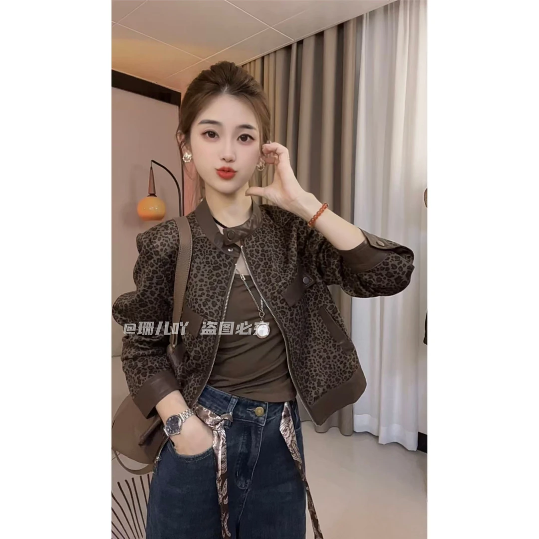 小个子立领豹纹短外套复古高级感女秋季韩版时尚宽松夹克上衣潮