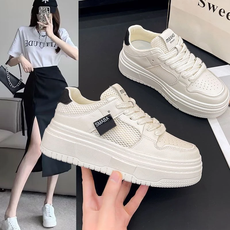062小白鞋女松糕厚底网面透气女鞋子新款春夏季增高休闲运动板鞋