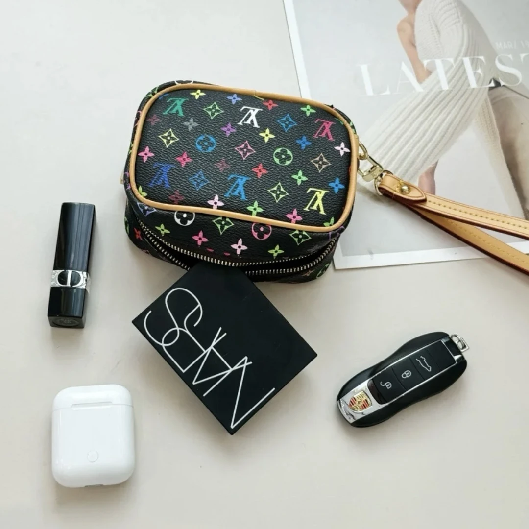 95新 LouisVuitton/路易威登 只盒/Lv中古黑三彩零钱mini方块包