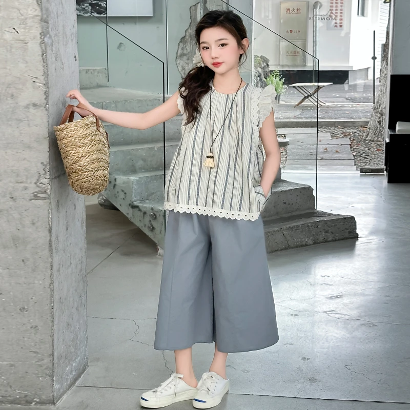 女童夏季套装2025新款薄款洋气女孩蕾丝花边上衣短袖裤子两件套