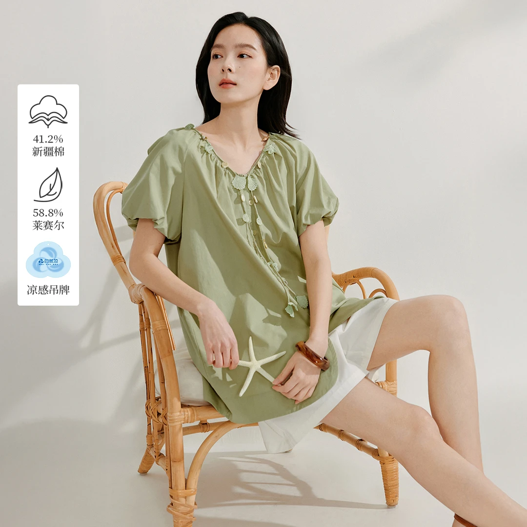 【梦诗专属】茵曼夏季莱赛尔立体花朵衬衫时尚设计感百搭短袖衬衣