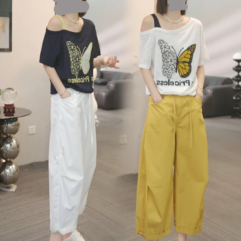 洋气时髦女装设计感套装2025夏新款遮肉显瘦短袖休闲裤两件套
