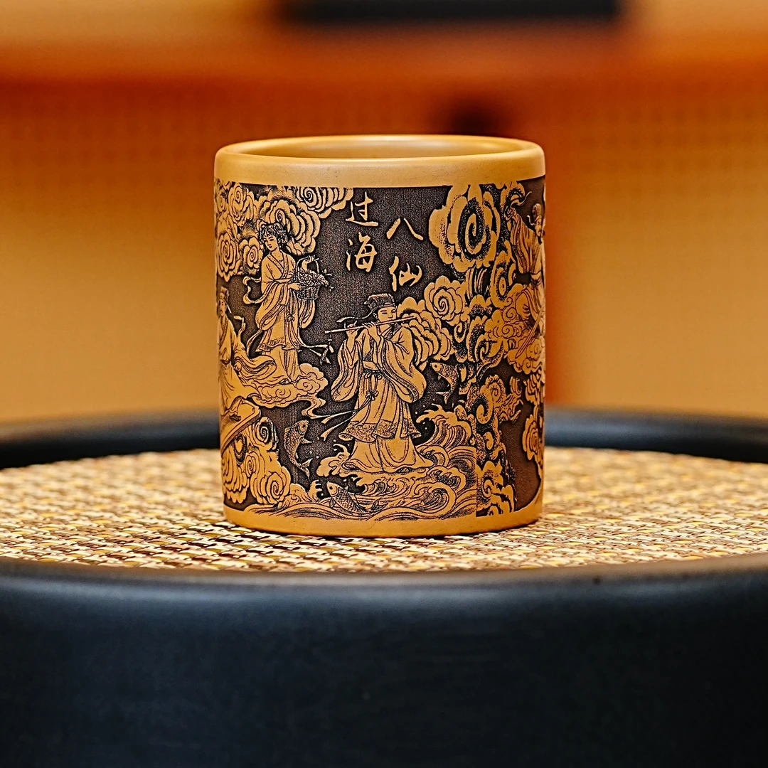 宜兴原矿紫砂黄金朱泥八仙过海直柱福杯茶杯闻香主人杯