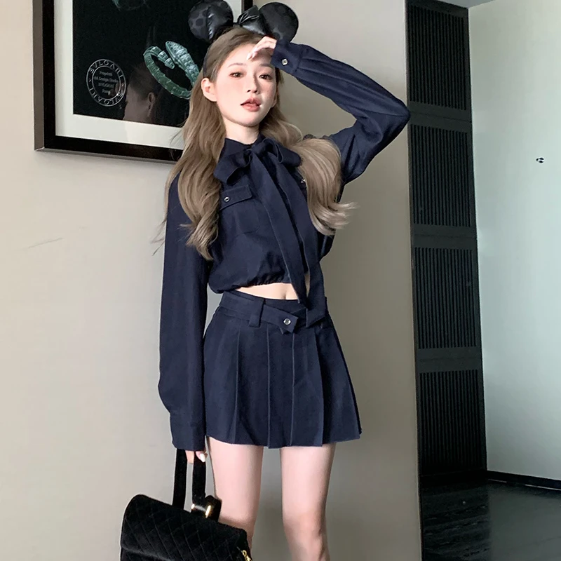 【两件套】2025春季高腰设计感气质时尚蝴蝶结衬衫百褶短裙女D0247