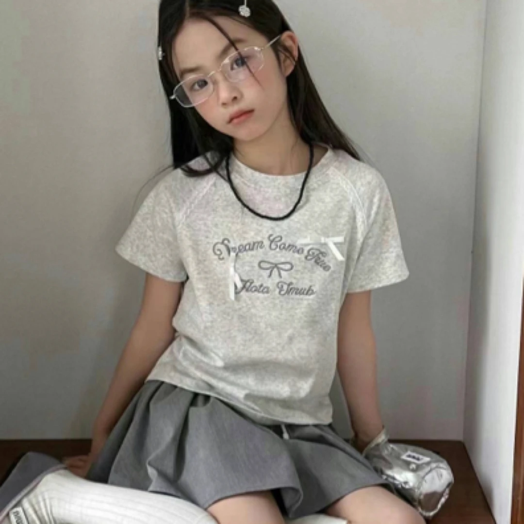 熙爱2025夏季中大女童刺绣字母温柔甜妹风收腰短款上衣25925