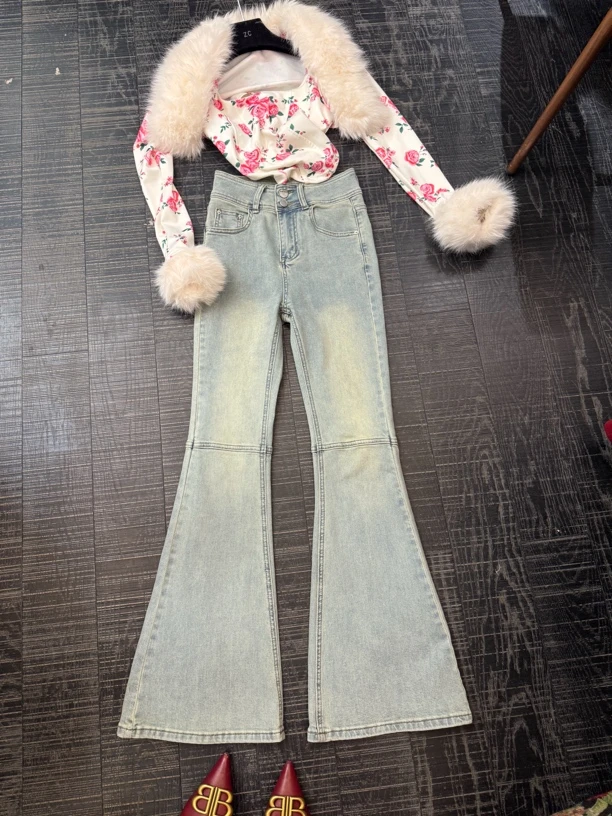 大气元（裤子）复古显瘦做旧色牛仔喇叭裤