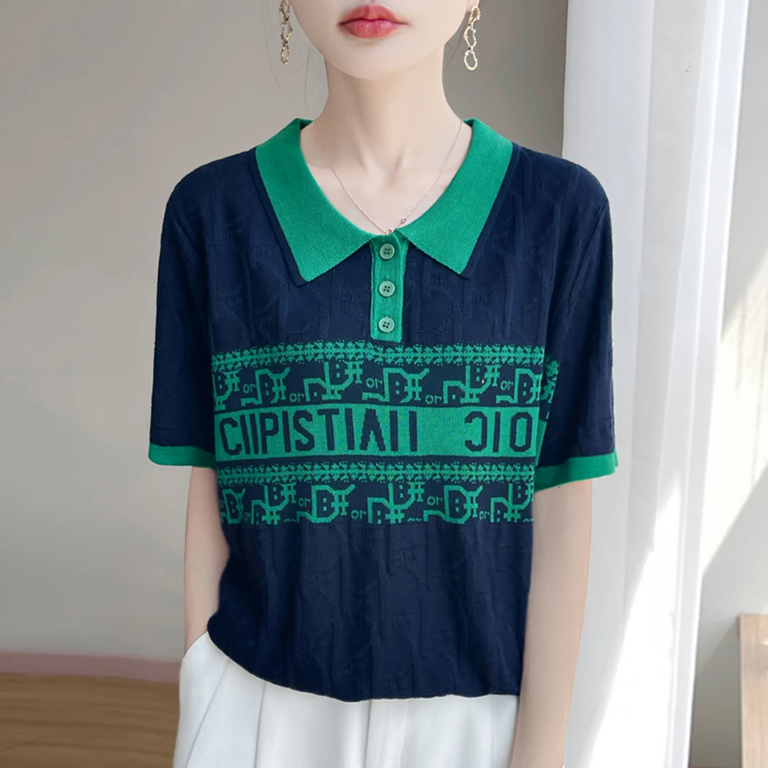 胖mm大码夏装冰丝针织衫女士短袖t恤宽松遮肚子巨显瘦polo领上衣