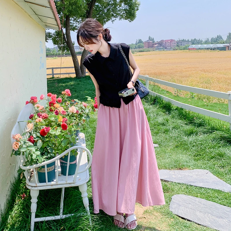 黑粉韩版时尚甜酷风套装裙女2025夏季新款女神范衬衫半身裙两件套