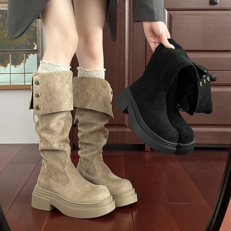 厚底长筒靴女2025新款秋冬季不过膝绒面长靴女款显瘦高筒骑士靴子