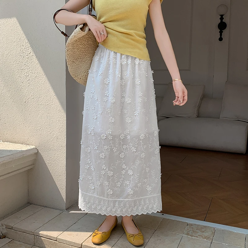夏季新款白月光裙韩系精致蕾丝半身裙高腰中长款A字裙