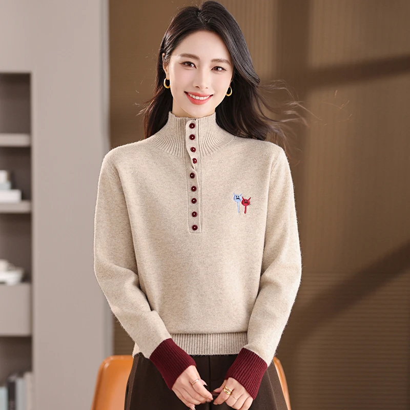 2025年冬季新款女装半高领时尚洋气款宽松显瘦百搭套头纯色上衣