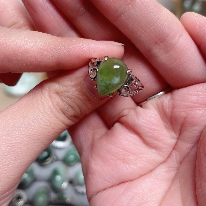 透闪石-蛇纹石玉戒指银S925镶嵌青*
