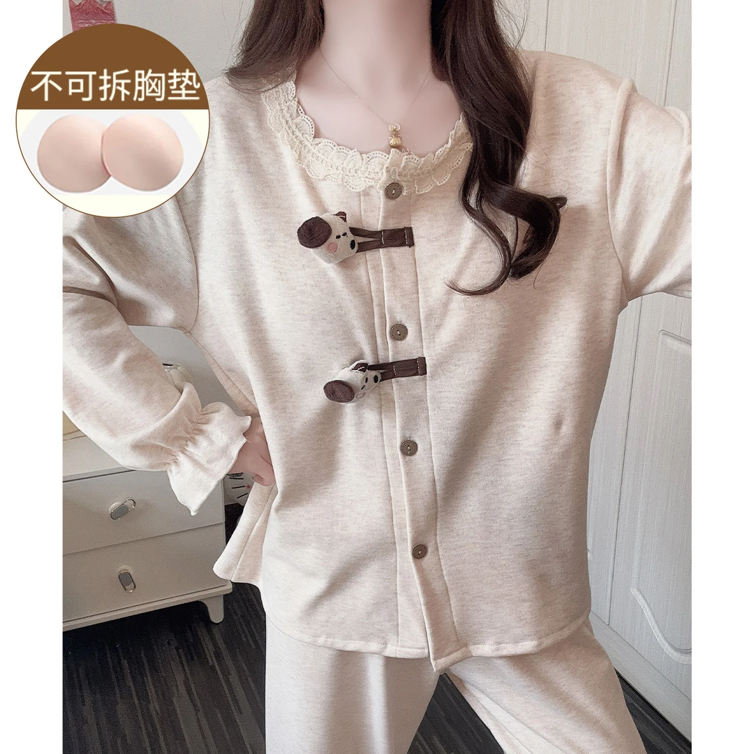 卡通小狗睡衣女秋冬季长袖开衫2025新款保暖薄绒带胸垫家居服套装