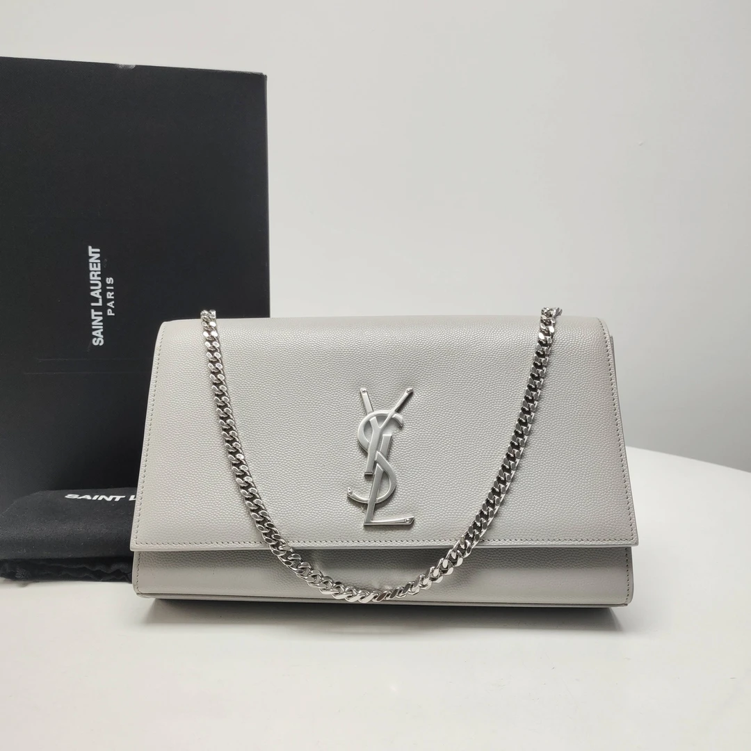 95新 YSL/圣罗兰 圣罗兰灰色荔枝皮口盖包 LM2752
