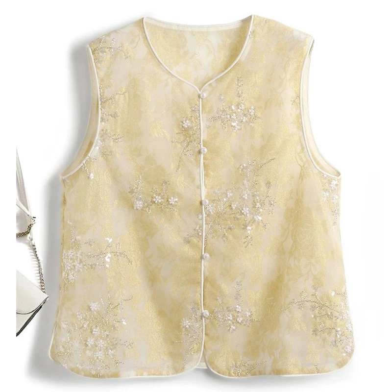 新中式国风重工刺绣马甲背心女夏新款欧根纱微透轻薄钉珠亮片马夹