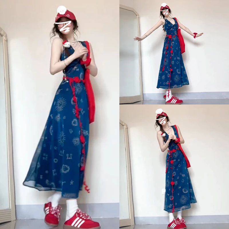 开春气质穿搭蓝色无袖连衣裙子女2025春季新款夏季度假长裙高级感